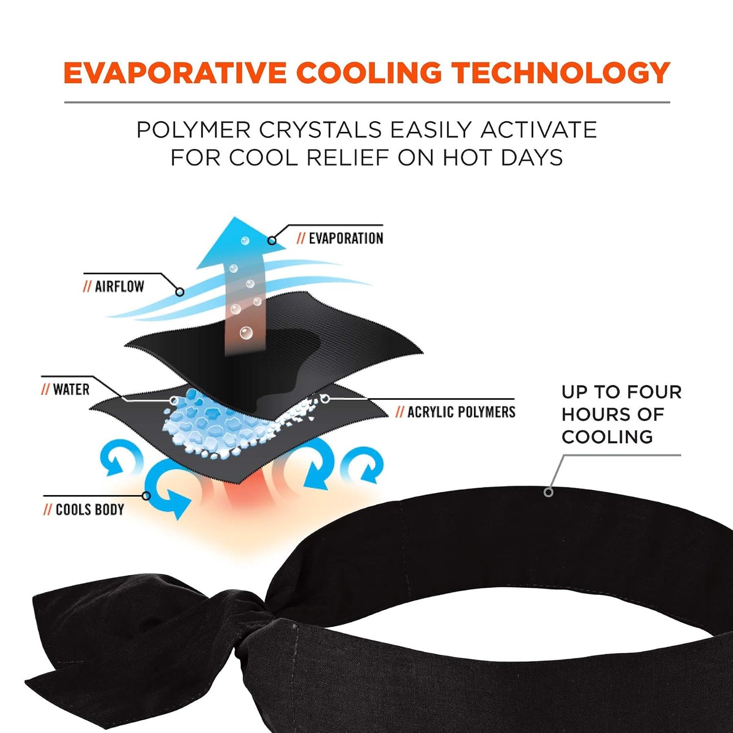 Chill Its 6700 Cooling Bandana, Evaporative Polymer Crystals for Cooling Relief, Tie for Adjustable Fit, 6-Pack, Black